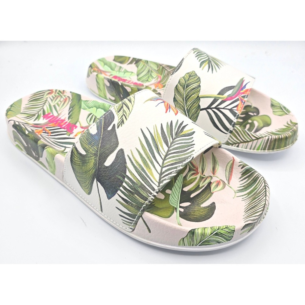 MUK LUKS Essentials Tropical Floral Palm Leaf Slide Sandals Pink‎ Green L 9-10